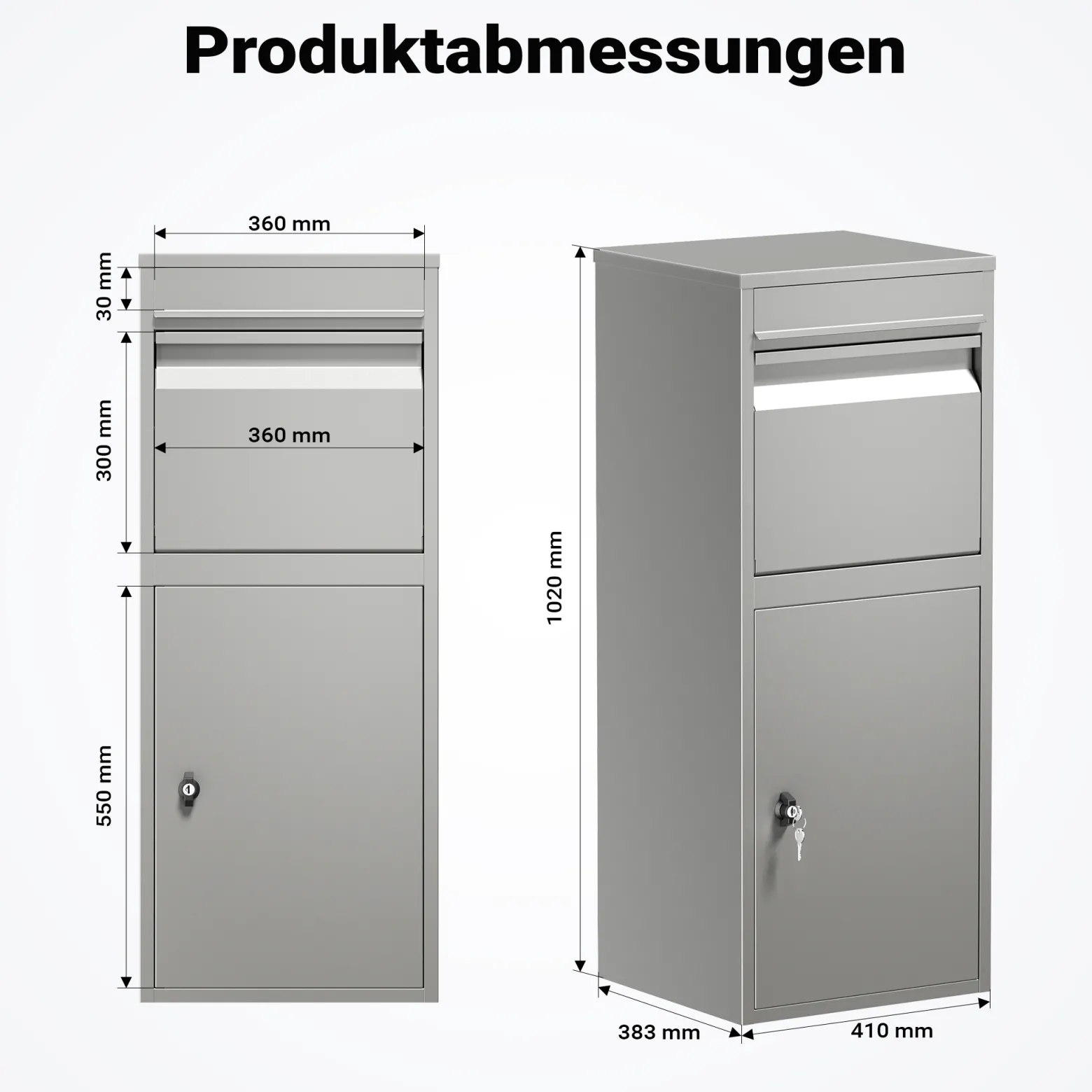 Wiltec Paketkasten grau 410 x 380 x 1020 mm Paketbox aus Stahl mit Pulverbeschichtung abschließbarer Standbriefkasten für Paketannahme zu Hause Zustellung von Paket, Post, Brief