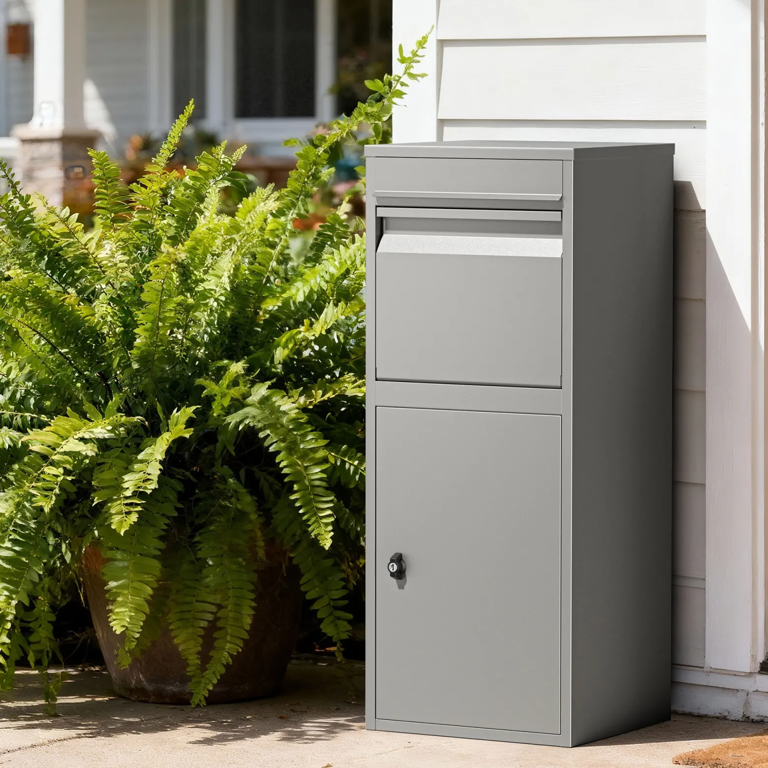 Wiltec Paketkasten grau 410 x 380 x 1020 mm Paketbox aus Stahl mit Pulverbeschichtung abschließbarer Standbriefkasten für Paketannahme zu Hause Zustellung von Paket, Post, Brief
