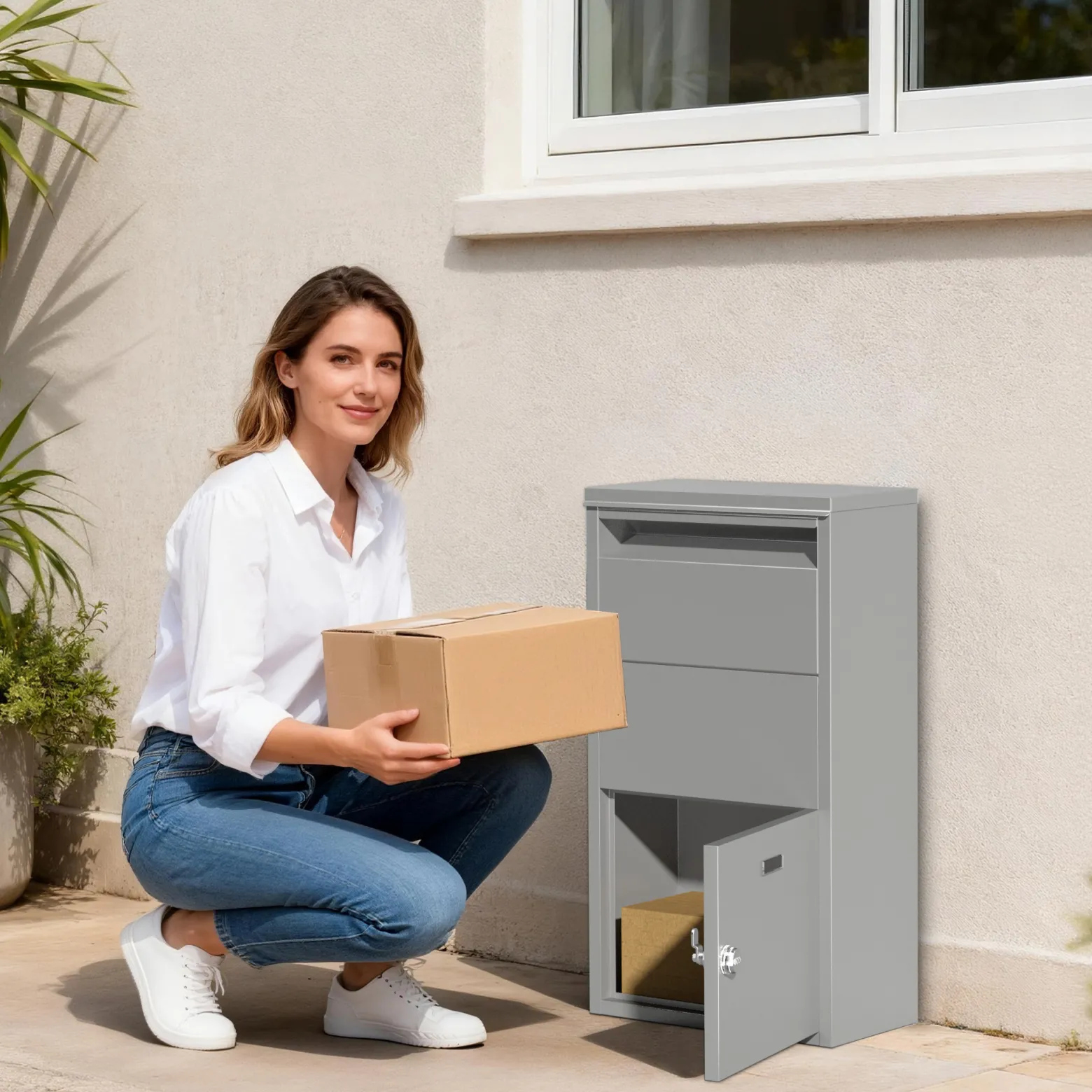 Wiltec Paketkasten grau 410 x 220 x 750 mm Paketbox aus Stahl mit Pulverbeschichtung abschließbarer Standbriefkasten für Paketannahme zu Hause Zustellung von Paket, Post, Brief