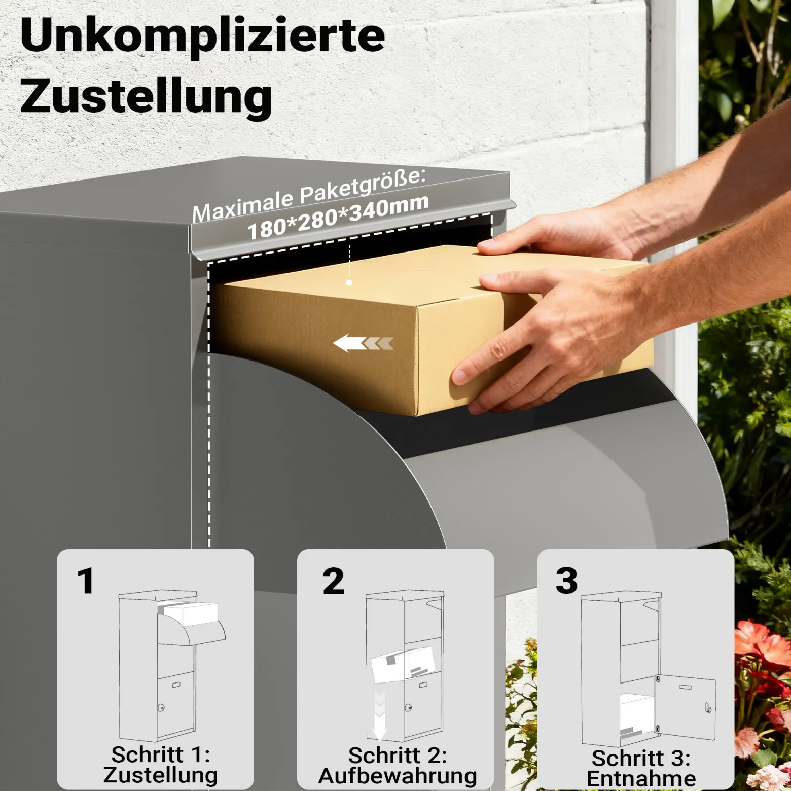 Wiltec Paketkasten grau 410 x 220 x 750 mm Paketbox aus Stahl mit Pulverbeschichtung abschließbarer Standbriefkasten für Paketannahme zu Hause Zustellung von Paket, Post, Brief