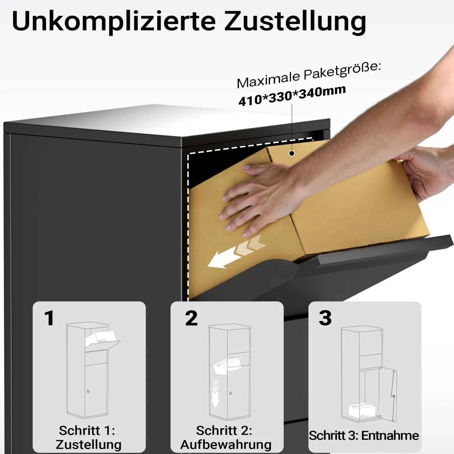 Wiltec Paketkasten schwarz 460 x 450 x 1400 mm, Paketbox Zuhause, private Paketannahme passend für Pakete der Größe S und L, Standbriefkasten