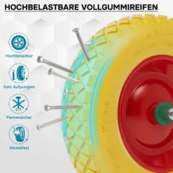 Wiltec Pannensicheres PU Rad 4.8/4.00-8 90 x 390 mm 160 kg, Polyurethan Vollgummi Schubkarren Komplettrad mit Steckachse, Schubkarrenrad pannensicher