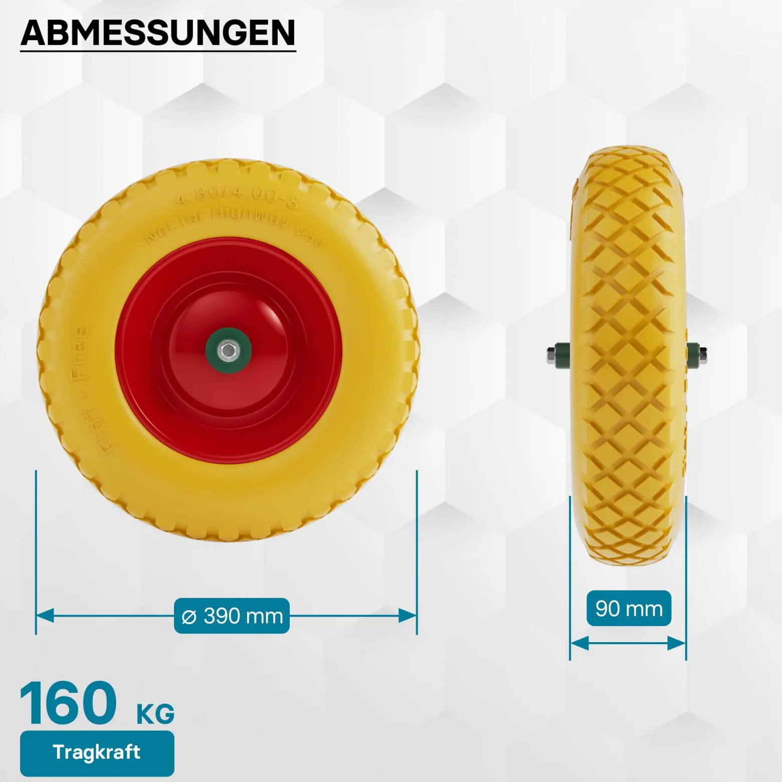 Wiltec Pannensicheres PU Rad 4.8/4.00-8 90 x 390 mm 160 kg, Polyurethan Vollgummi Schubkarren Komplettrad mit Steckachse, Schubkarrenrad pannensicher