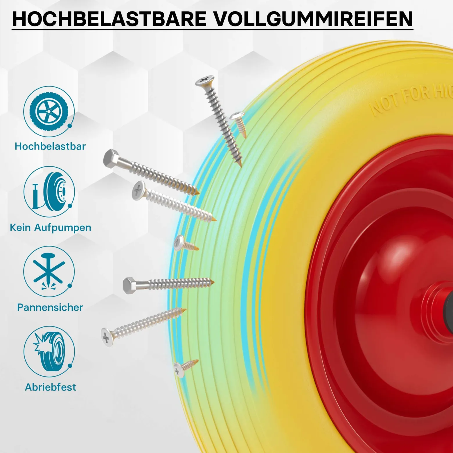 Wiltec Pannensicheres PU Rad 4.8/4.00-8 90 x 392 mm 180 kg, Polyurethan Vollgummi Schubkarren Komplettrad mit Stahlfelge, Schubkarrenrad pannensicher