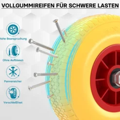 Wiltec Pannensicheres PU Rad 3.00-4 75 x 260 mm 105 kg, Polyurethan Vollgummi Schubkarren Komplettrad mit Steckachse, Schubkarrenrad pannensicher