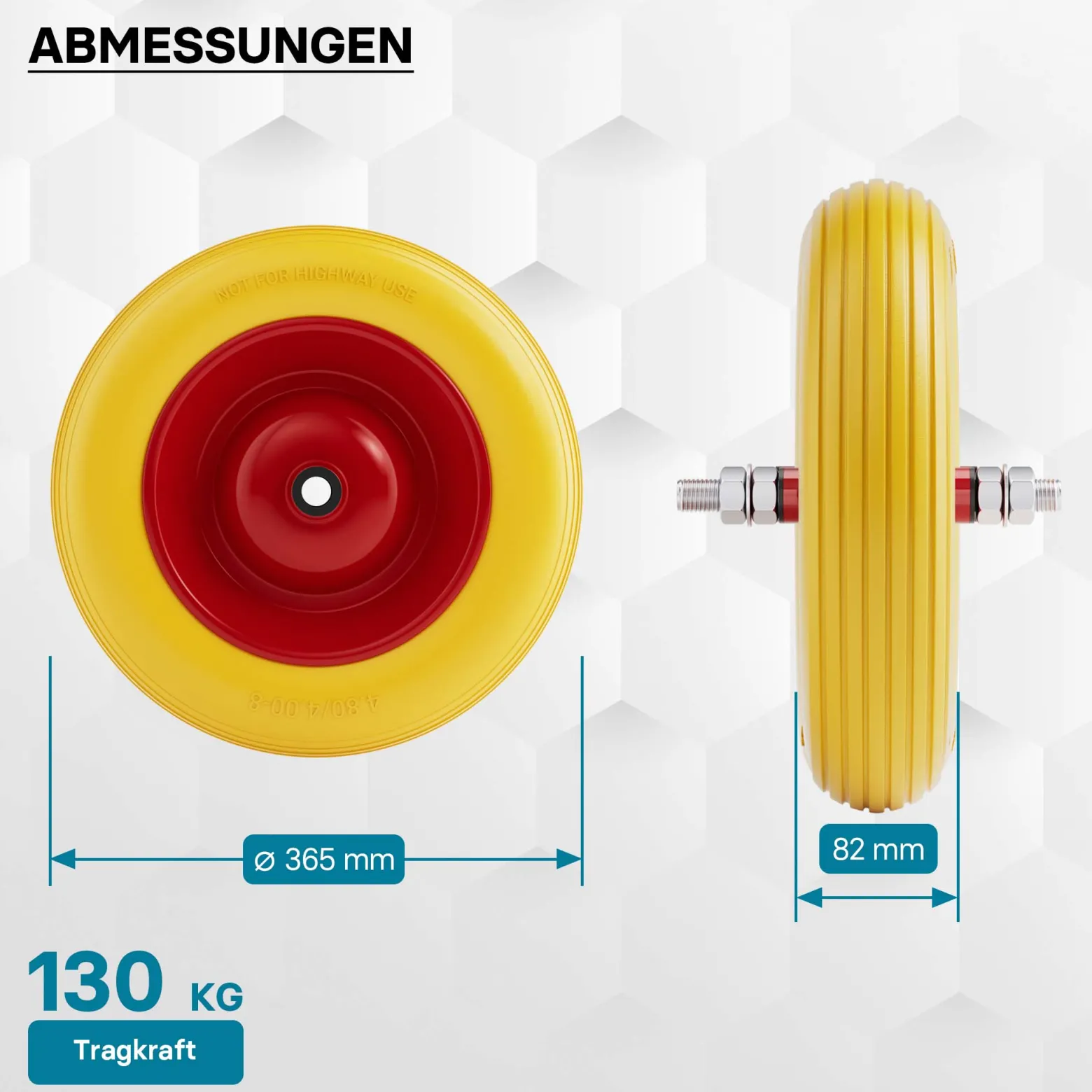 Wiltec Pannensicheres PU Rad 3.50-8 80 x 370 mm 130 kg, Polyurethan Vollgummi Schubkarren Komplettrad mit Steckachse, Schubkarrenrad pannensicher