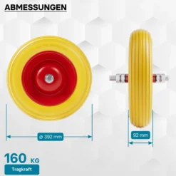 Wiltec Pannensicheres PU Rad 4.00-8 100 x 400 mm 160 kg, Polyurethan Vollgummi Schubkarren Komplettrad mit Steckachse, Schubkarrenrad pannensicher