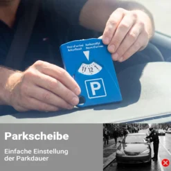 Wiltec Parkscheibe 4-in-1 aus Kunststoff, Parkuhr nach StVO mit Parktickethalter, 3 Einkaufschips und Gurtschneider