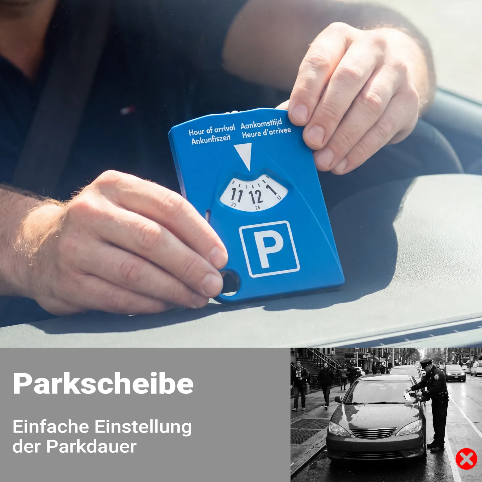 Wiltec Parkscheibe 4-in-1 aus Kunststoff, Parkuhr nach StVO mit Parktickethalter, 3 Einkaufschips und Gurtschneider