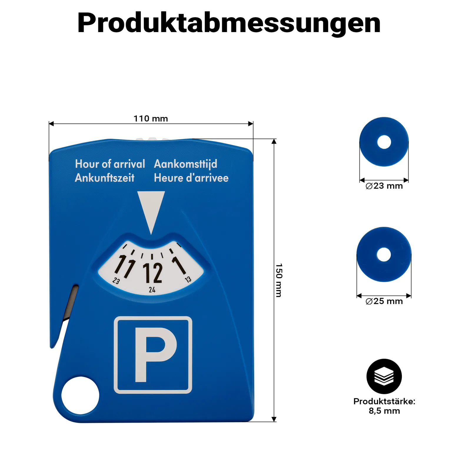 Wiltec Parkscheibe 4-in-1 aus Kunststoff, Parkuhr nach StVO mit Parktickethalter, 3 Einkaufschips und Gurtschneider