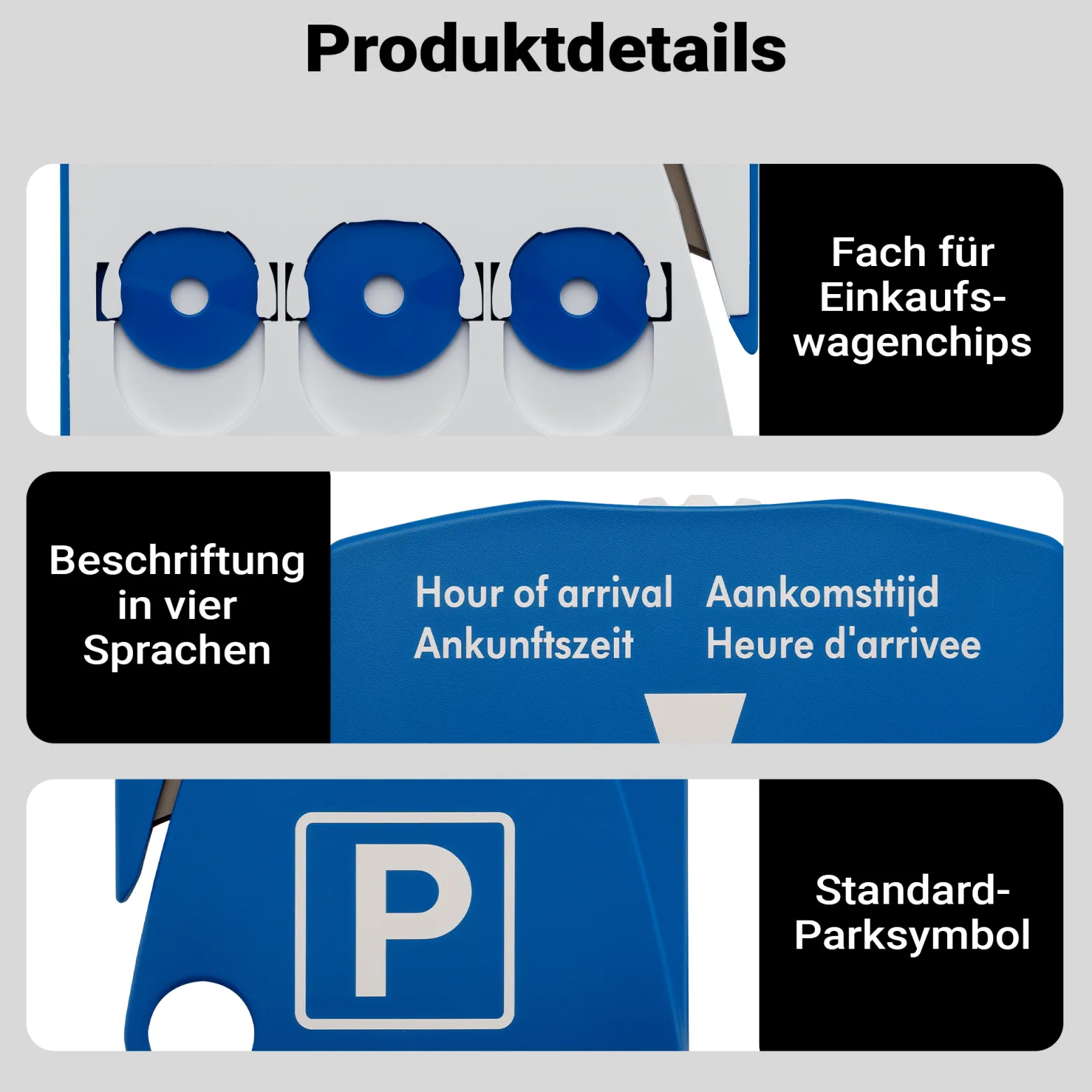 Wiltec Parkscheibe 4-in-1 aus Kunststoff, Parkuhr nach StVO mit Parktickethalter, 3 Einkaufschips und Gurtschneider