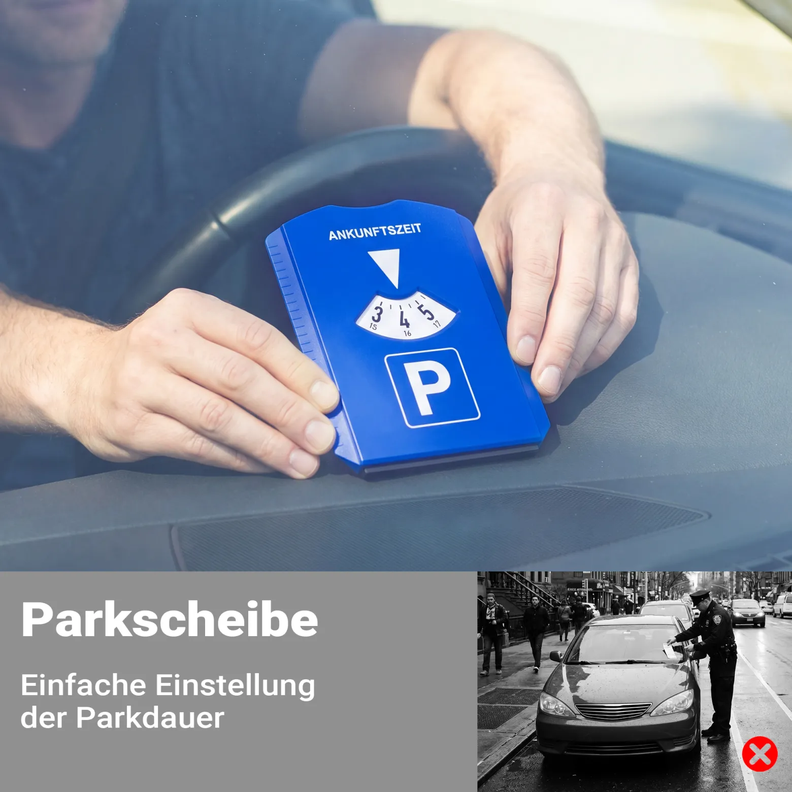 Wiltec Parkscheibe 5-in-1 Parkuhr nach StVO mit Eiskratzer, Einkaufschip, Profiltiefenmesser und Gummilippe