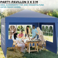 Wiltec Pavillon 3 x 3 m in Blau mit UV-Schutz 50+, Gartenpavillon mit abnehmbaren Seiten, Partyzelt mit Fenstern für z. B. Terrasse und Festival