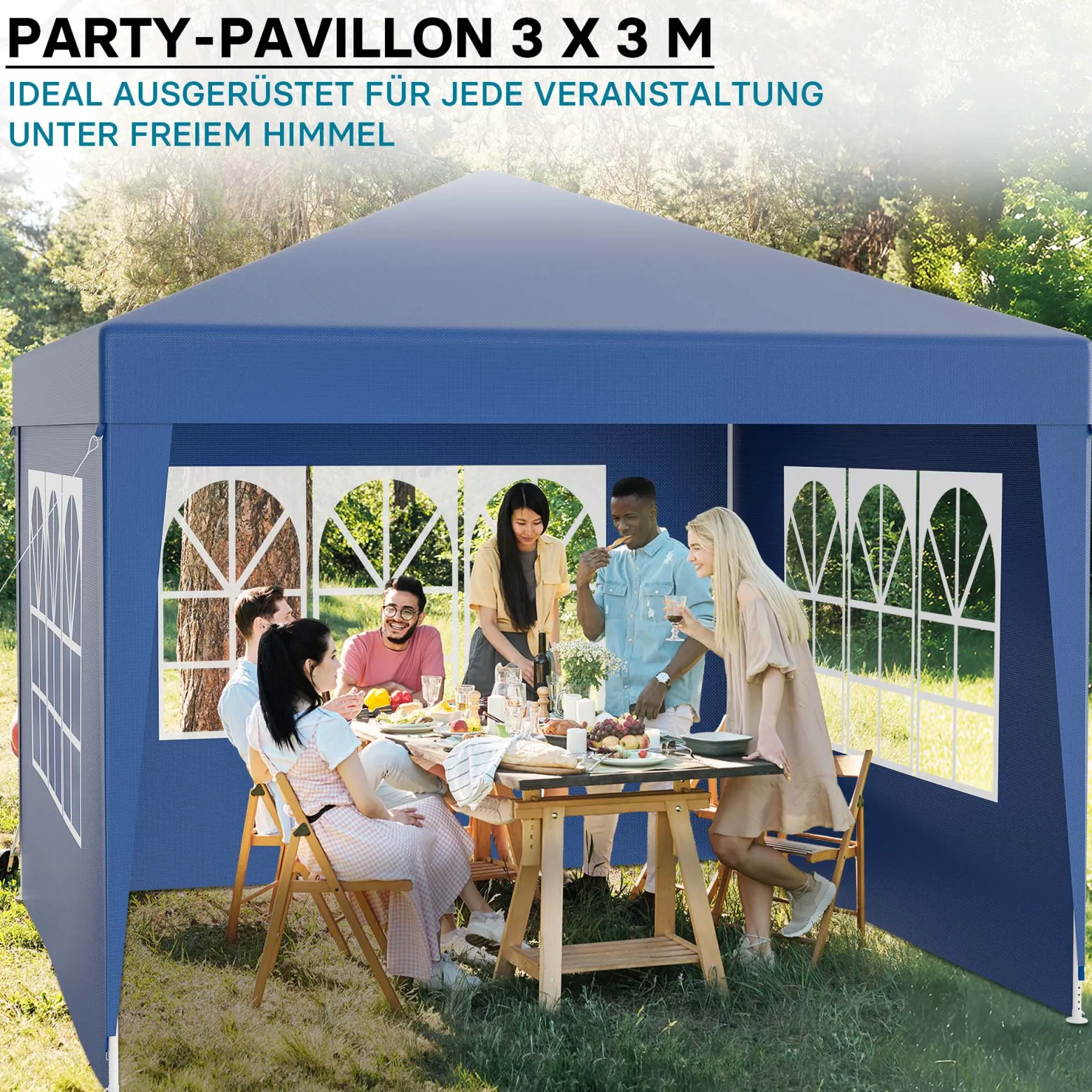 Wiltec Pavillon 3 x 3 m in Blau mit UV-Schutz 50+, Gartenpavillon mit abnehmbaren Seiten, Partyzelt mit Fenstern für z. B. Terrasse und Festival