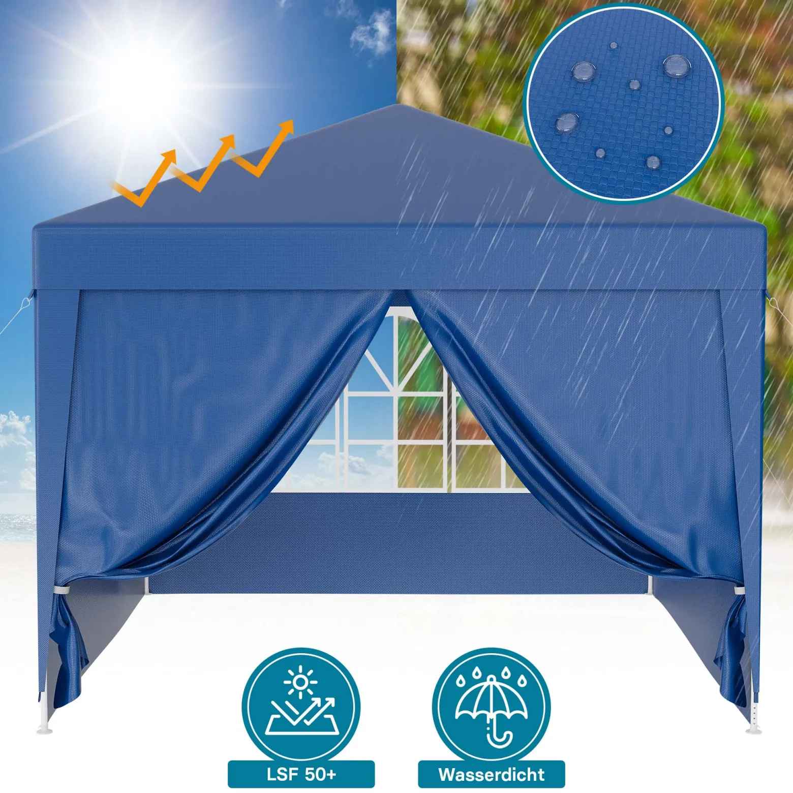 Wiltec Pavillon 3 x 3 m in Blau mit UV-Schutz 50+, Gartenpavillon mit abnehmbaren Seiten, Partyzelt mit Fenstern für z. B. Terrasse und Festival