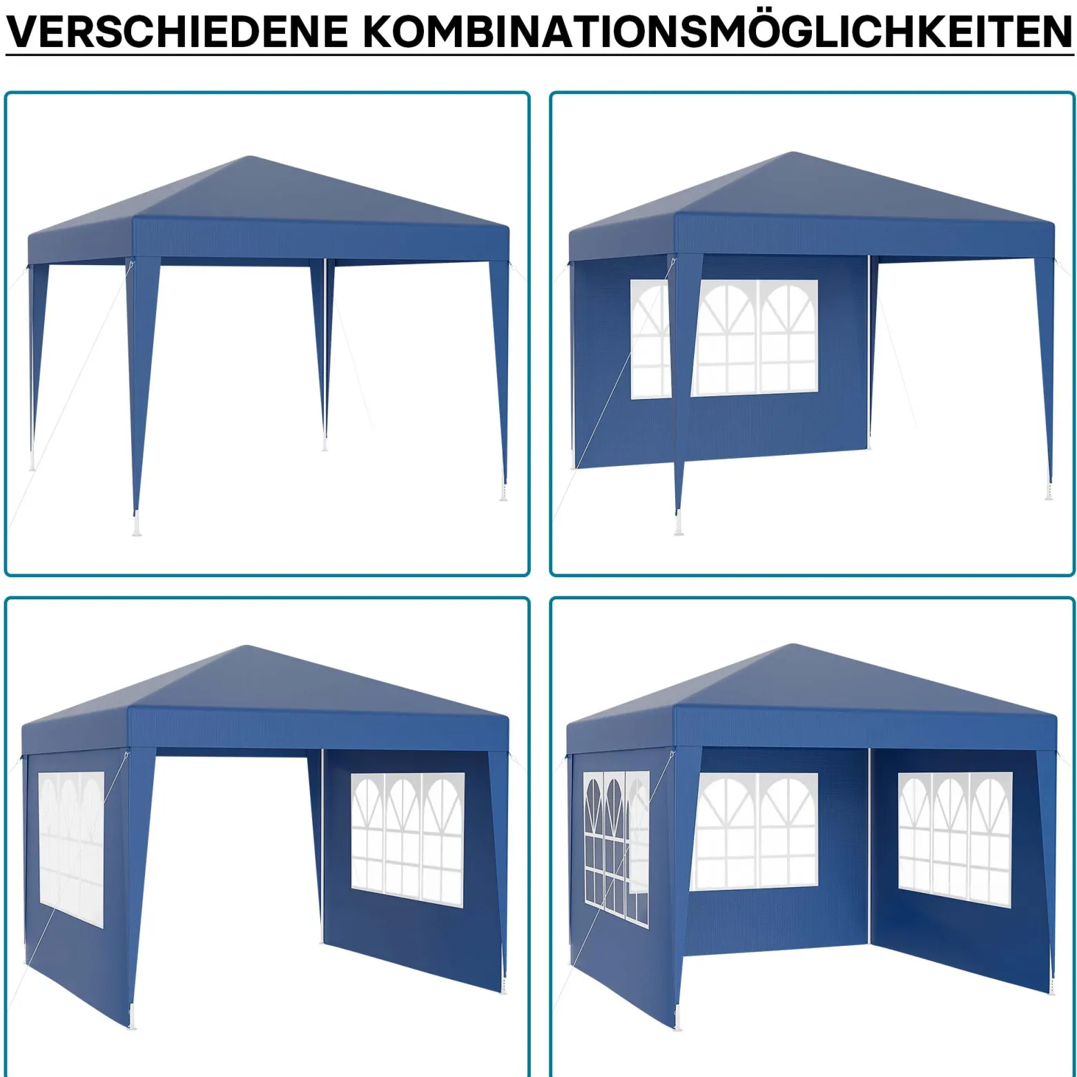 Wiltec Pavillon 3 x 3 m in Blau mit UV-Schutz 50+, Gartenpavillon mit abnehmbaren Seiten, Partyzelt mit Fenstern für z. B. Terrasse und Festival
