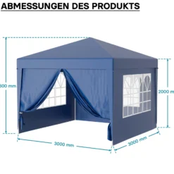 Wiltec Pavillon 3 x 3 m in Blau mit UV-Schutz 50+, Gartenpavillon mit abnehmbaren Seiten, Partyzelt mit Fenstern für z. B. Terrasse und Festival