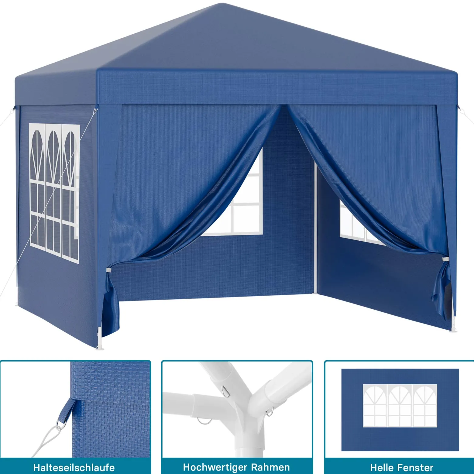 Wiltec Pavillon 3 x 3 m in Blau mit UV-Schutz 50+, Gartenpavillon mit abnehmbaren Seiten, Partyzelt mit Fenstern für z. B. Terrasse und Festival