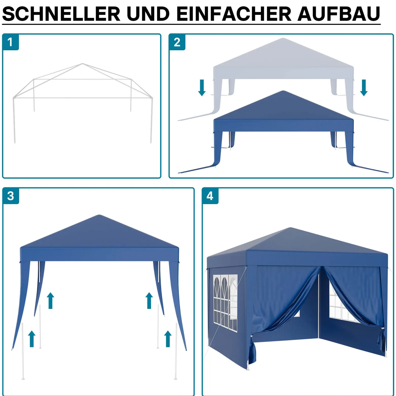 Wiltec Pavillon 3 x 3 m in Blau mit UV-Schutz 50+, Gartenpavillon mit abnehmbaren Seiten, Partyzelt mit Fenstern für z. B. Terrasse und Festival