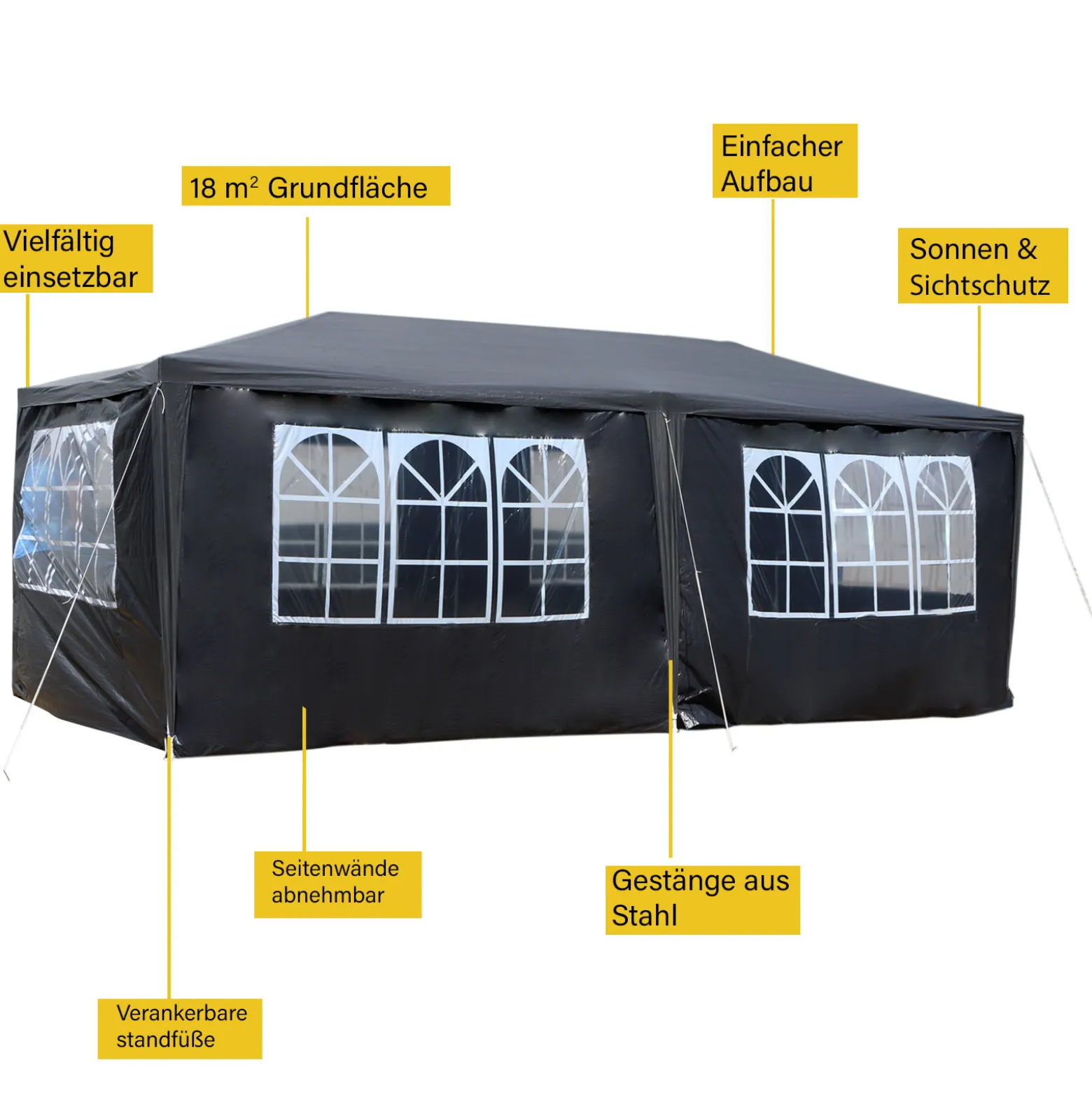 Wiltec Pavillon 3 x 6 m in Grau mit UV-Schutz 50+, Gartenpavillon mit aufrollbaren Seiten, Partyzelt mit Fenstern für z. B. Terrasse und Festival