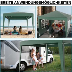 Wiltec Pavillon 3 x 3 m in Grün mit UV-Schutz 50+, Gartenpavillon mit abnehmbaren Seiten, Partyzelt mit Fenstern für z. B. Terrasse und Festival