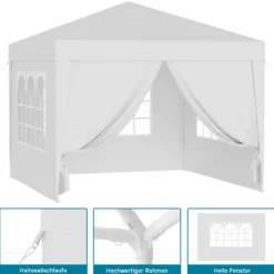 Wiltec Pavillon 3 x 3 m in Weiß mit UV-Schutz 50+, Gartenpavillon mit abnehmbaren Seiten, Partyzelt mit Fenstern für z. B. Terrasse und Festival
