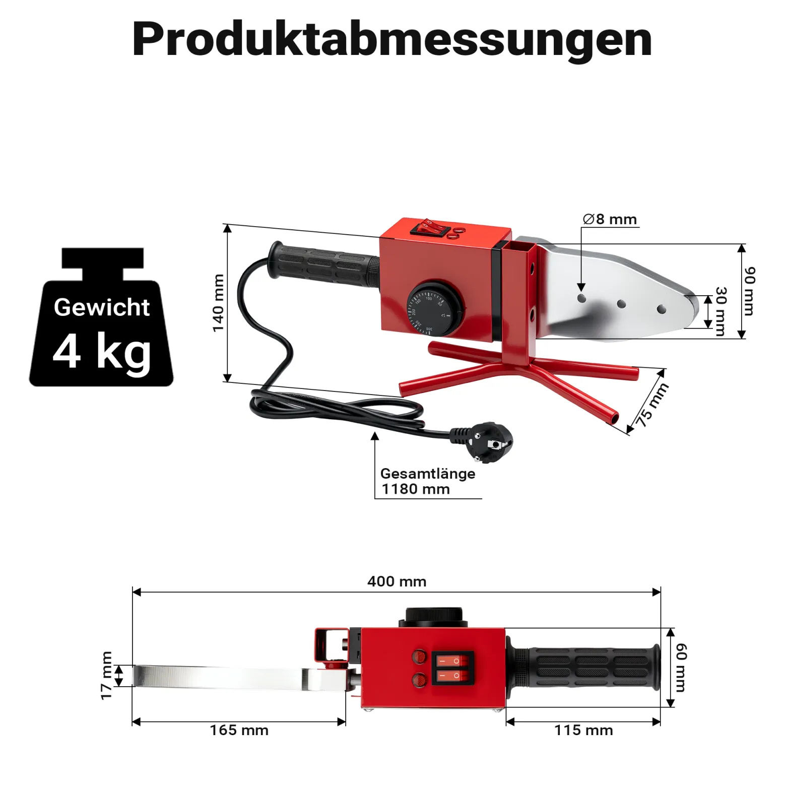 Wiltec PE-Rohr Schweißgerät 2000 W bis 300°C, Muffenschweißgerät inkl. 7 Heizdorne 16-63 mm, Schweissgerät für Rohre, Muffen und Formstücke