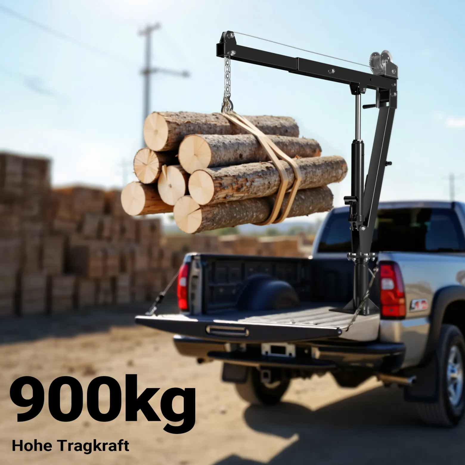 Wiltec Pickup Kran Ladekran 1800 mm Höhe, 900 kg Traglast und 360° Drehkranz, Seilwinde, massiver Standfuß zur Bodenmontage, Werkstattkran