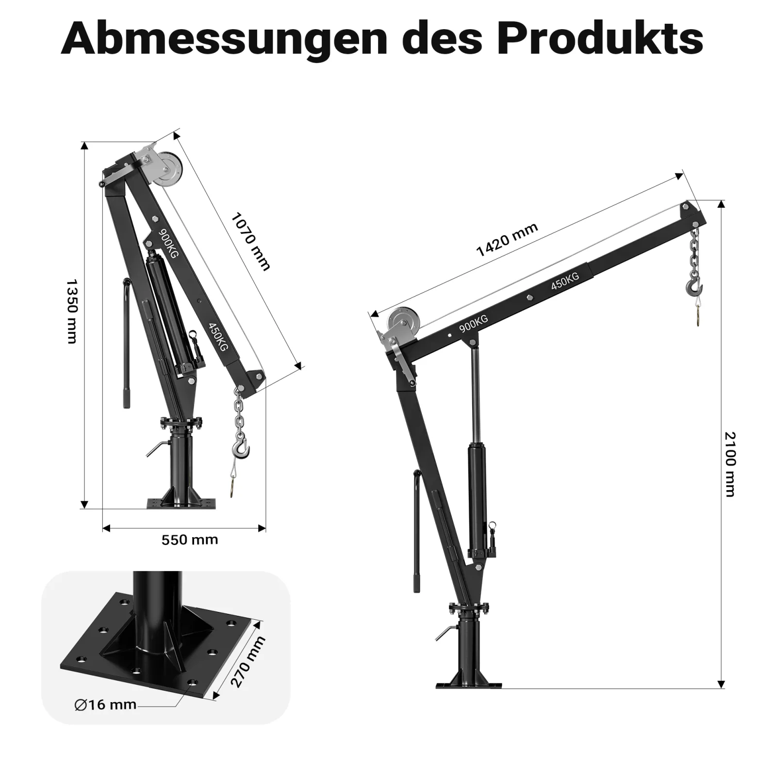 Wiltec Pickup Kran Ladekran 1800 mm Höhe, 900 kg Traglast und 360° Drehkranz, Seilwinde, massiver Standfuß zur Bodenmontage, Werkstattkran