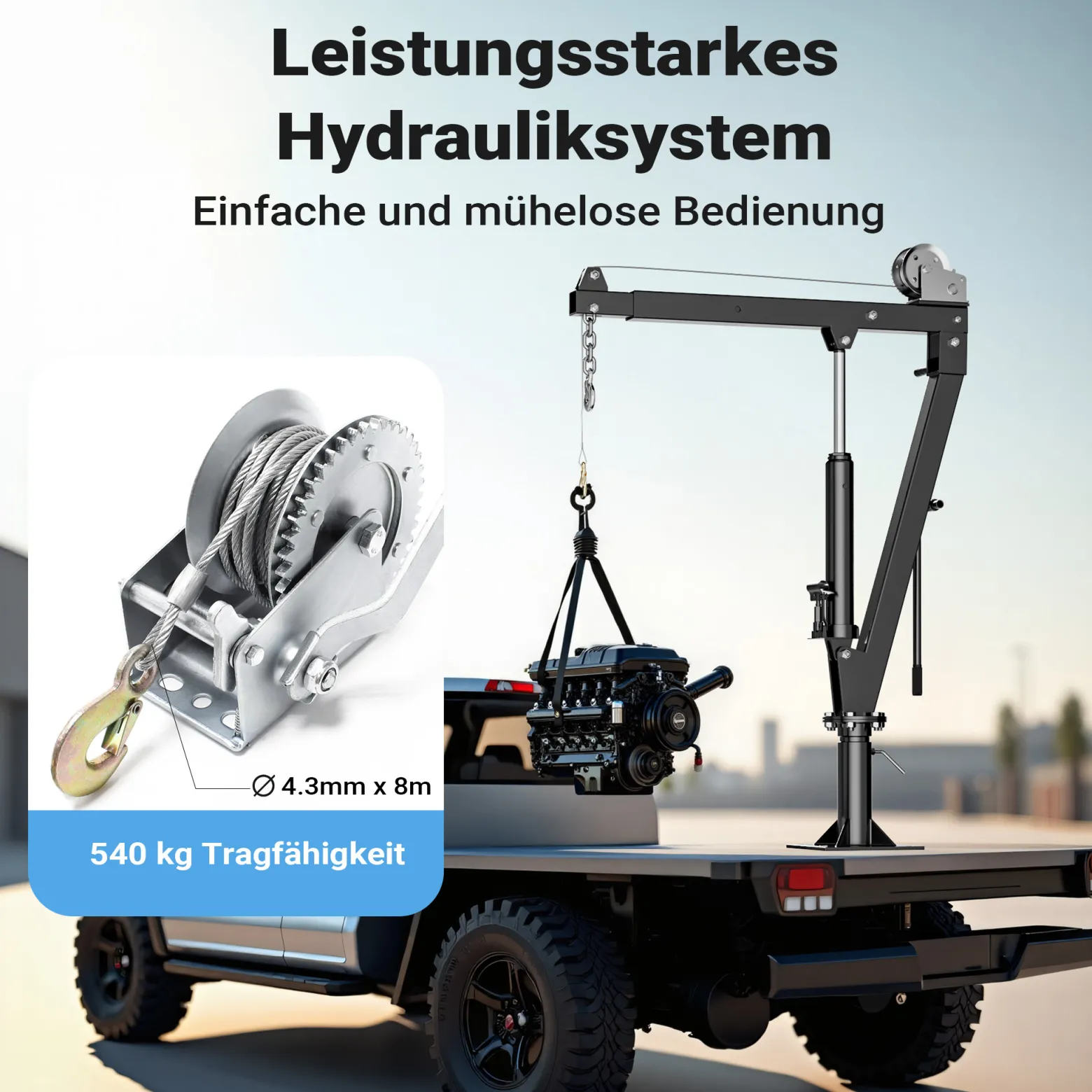 Wiltec Pickup Kran Ladekran 1800 mm Höhe, 900 kg Traglast und 360° Drehkranz, Seilwinde, massiver Standfuß zur Bodenmontage, Werkstattkran
