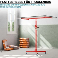 Wiltec Plattenheber bis max. 50 kg, Höhe 190-330 cm, Montagehilfe für Trockenbau, Paneelheber mit 4 Rädern, Feststellbremsen