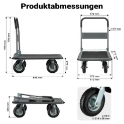 Wiltec Plattformwagen bis 300 kg 895x610x985 mm, Transportkarre klappbar mit Bügelgriff und Anti Rutsch Belag und Kantenschutz, Transporthilfe