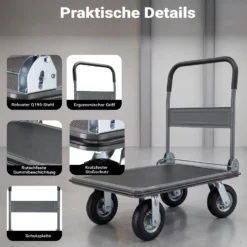 Wiltec Plattformwagen bis 300 kg 895x610x985 mm, Transportkarre klappbar mit Bügelgriff und Anti Rutsch Belag und Kantenschutz, Transporthilfe