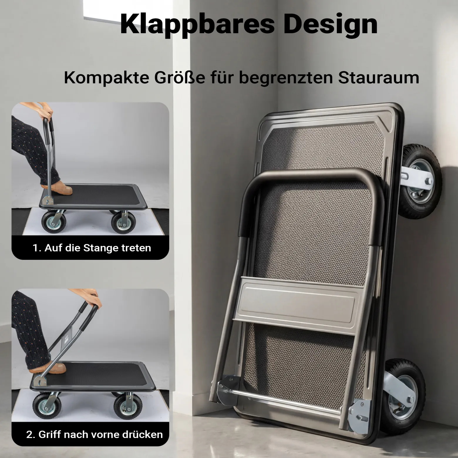 Wiltec Plattformwagen bis 300 kg 895x610x985 mm, Transportkarre klappbar mit Bügelgriff und Anti Rutsch Belag und Kantenschutz, Transporthilfe
