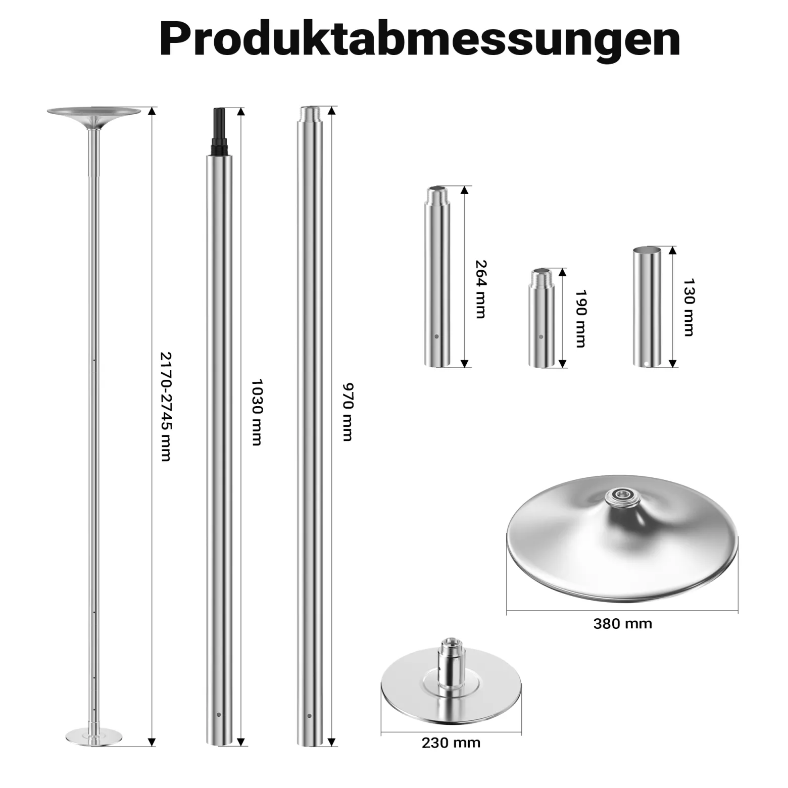 Wiltec Pole Dance Profi Tanzstange Ø 45 mm, höhenverstellbar von 2,31-2,74 m, aus Stahl, Montage ohne Bohren, Fitnessstange, Tabeldance Stange