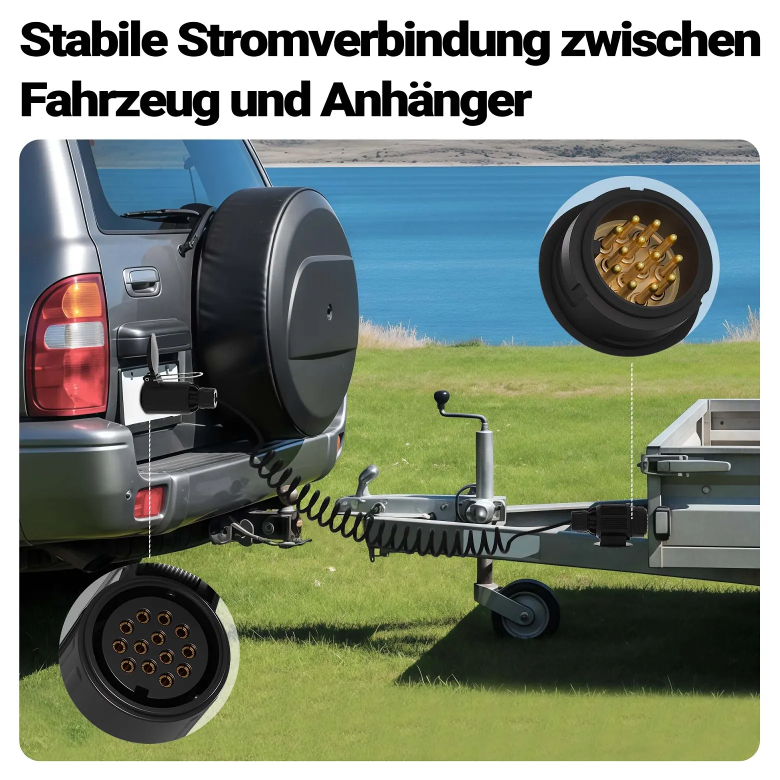 Wiltec 8-poliges Spiralkabel 3 m, Anhängerkabel PU, robustes Elektrokabel Stecker und Buchse, flexibles Verlängerungskabel, Kabel für Anhänger und Wohnwagen