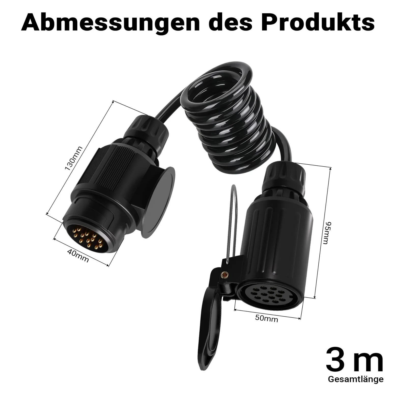 Wiltec 8-poliges Spiralkabel 3 m, Anhängerkabel PU, robustes Elektrokabel Stecker und Buchse, flexibles Verlängerungskabel, Kabel für Anhänger und Wohnwagen