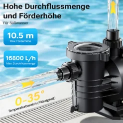 Wiltec Poolpumpe 16800 l/h 567 W für 67-100m³ Pools, Schwimmbadpumpe mit 10,5 m Förderhöhe, Umwälzpumpe für Schwimmbecken