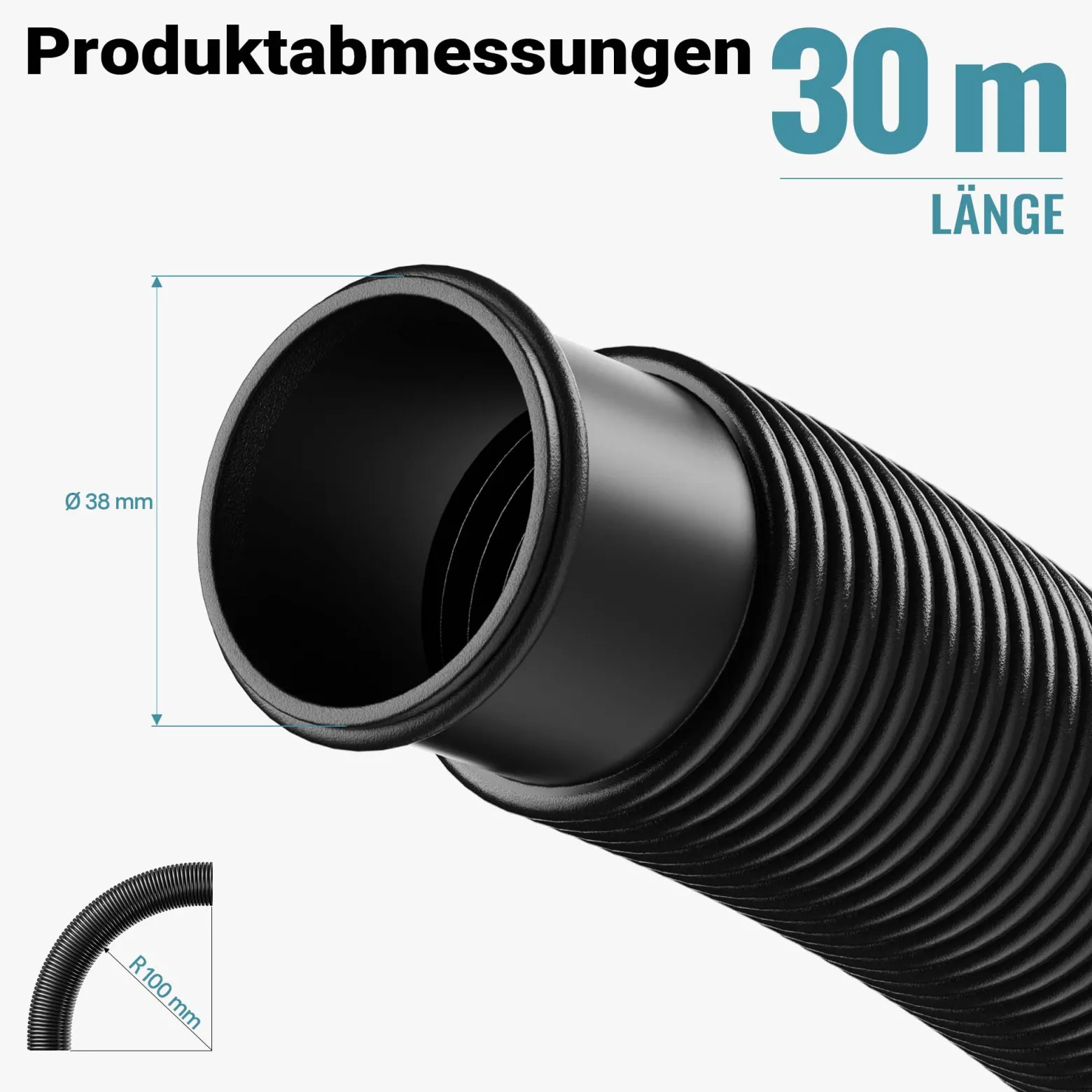 Wiltec Poolschlauch 30 m ⌀38 mm, Schwimmbadschlauch mit Muffen, Pumpenschlauch für Schwimmbecken, Saugschlauch, Solarschlauch