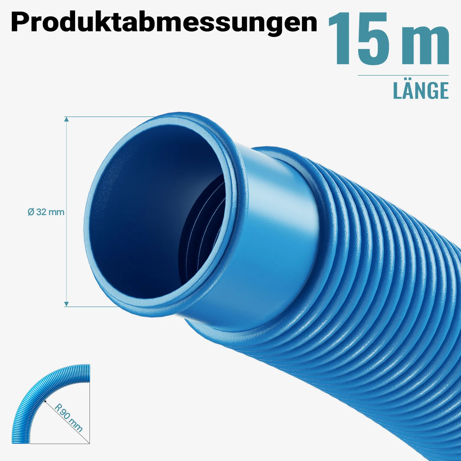 Wiltec Poolschlauch 15 m ⌀32 mm, Schwimmbadschlauch mit Muffen, Pumpenschlauch für Schwimmbecken, Saugschlauch, Solarschlauch