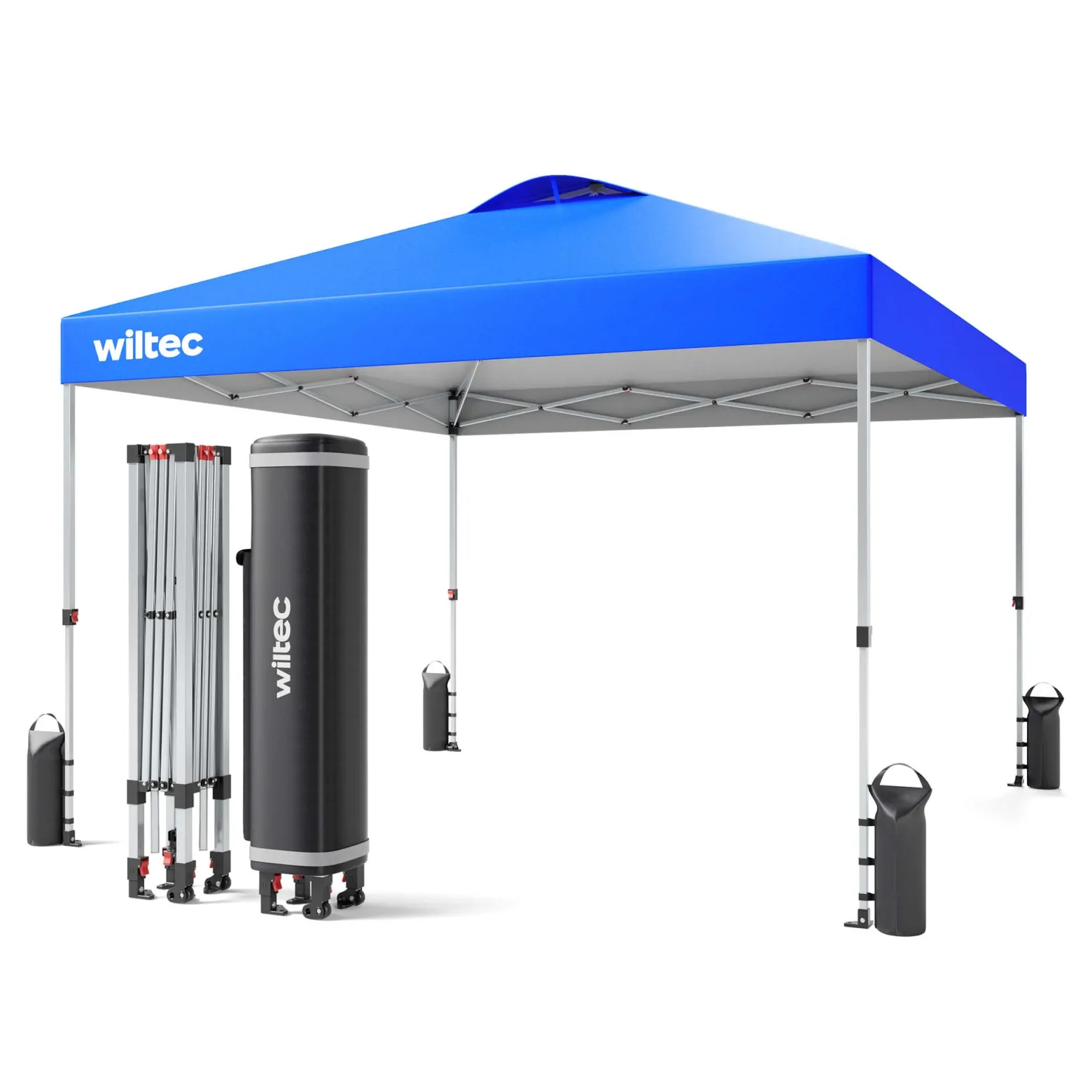 Wiltec Pop Up Pavillon 3 x 3 m blau mit Rädern, Faltpavillon mit „One Push“-Technologie und Gewichtstaschen, Gartenpavillon mit verstellbaren Beinen