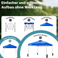 Wiltec Pop Up Pavillon 3 x 3 m blau mit Rädern, Faltpavillon mit „One Push“-Technologie und Gewichtstaschen, Gartenpavillon mit verstellbaren Beinen
