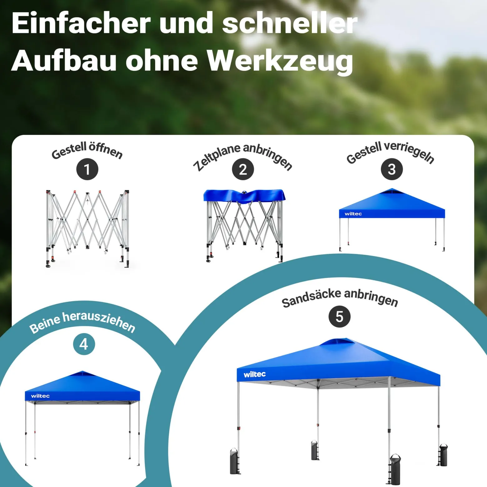 Wiltec Pop Up Pavillon 3 x 3 m blau mit Rädern, Faltpavillon mit „One Push“-Technologie und Gewichtstaschen, Gartenpavillon mit verstellbaren Beinen