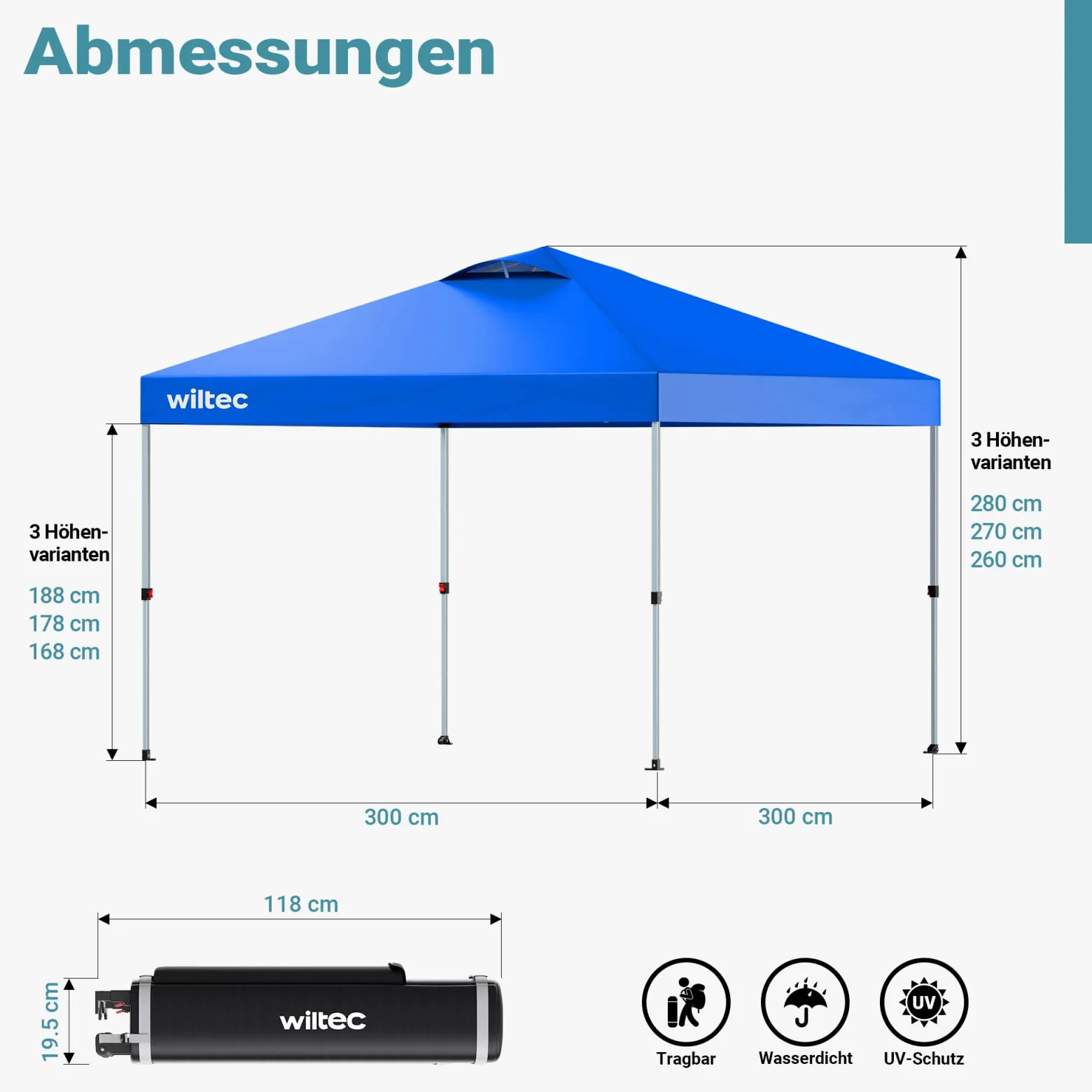 Wiltec Pop Up Pavillon 3 x 3 m blau mit Rädern, Faltpavillon mit „One Push“-Technologie und Gewichtstaschen, Gartenpavillon mit verstellbaren Beinen