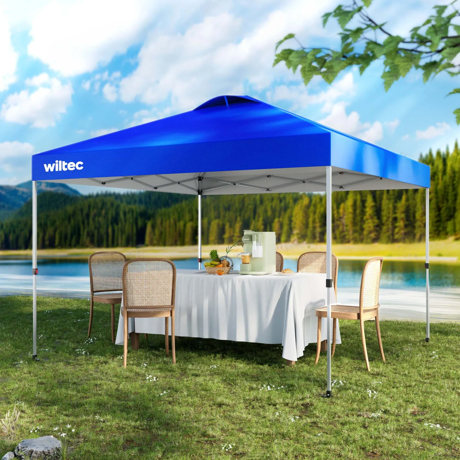 Wiltec Pop Up Pavillon 3 x 3 m blau mit Rädern, Faltpavillon mit „One Push“-Technologie und Gewichtstaschen, Gartenpavillon mit verstellbaren Beinen