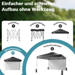 Wiltec Pop up Pavillon 3 x 3 m grau mit Seitenteil, Faltpavillon mit Rädern und „One Push“-Technologie, Gartenpavillon mit höhenverstellbaren Beinen