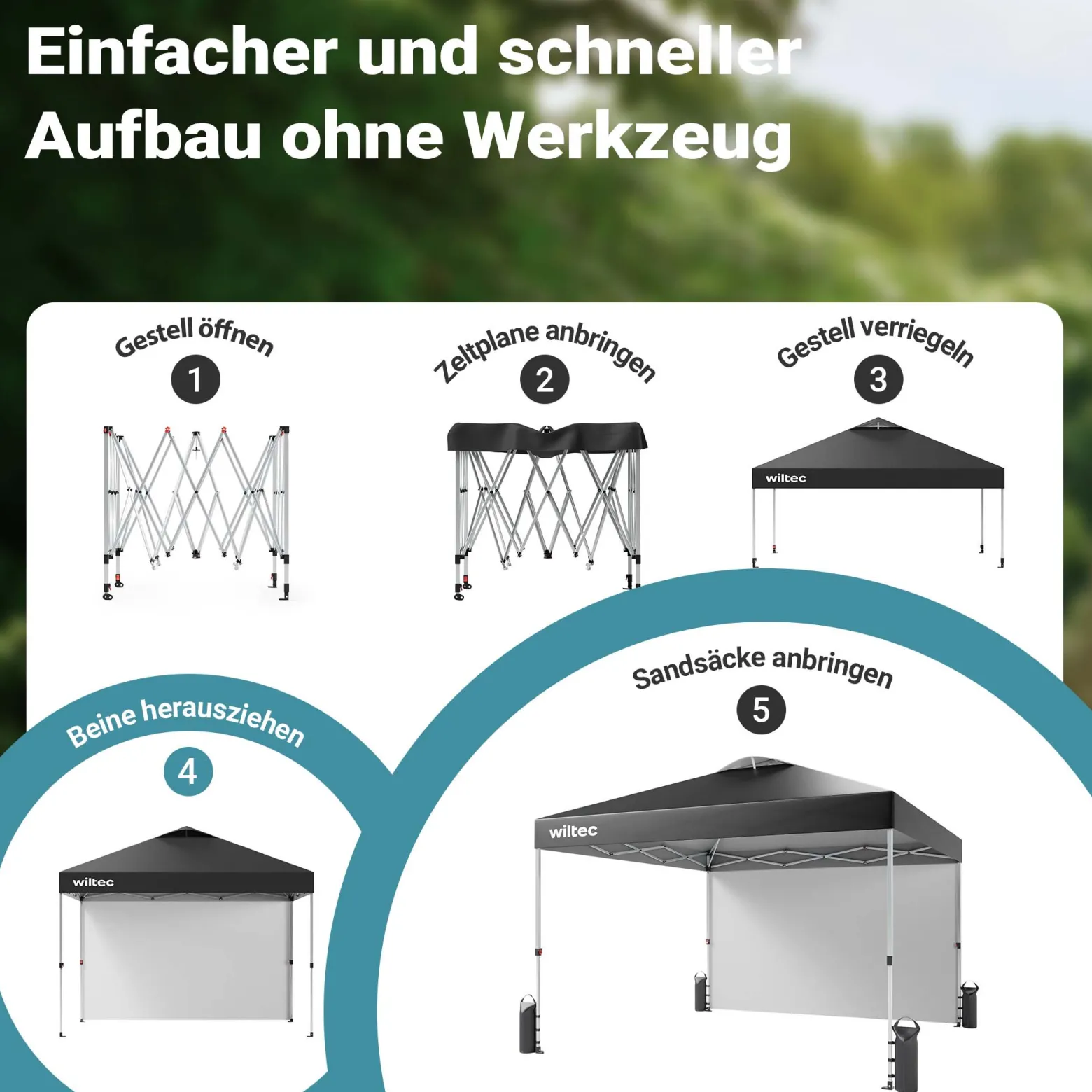 Wiltec Pop up Pavillon 3 x 3 m grau mit Seitenteil, Faltpavillon mit Rädern und „One Push“-Technologie, Gartenpavillon mit höhenverstellbaren Beinen
