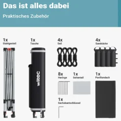 Wiltec Pop up Pavillon 3 x 3 m grau mit Seitenteil, Faltpavillon mit Rädern und „One Push“-Technologie, Gartenpavillon mit höhenverstellbaren Beinen