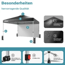 Wiltec Pop up Pavillon 3 x 3 m grau mit Seitenteil, Faltpavillon mit Rädern und „One Push“-Technologie, Gartenpavillon mit höhenverstellbaren Beinen