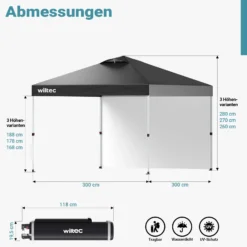 Wiltec Pop up Pavillon 3 x 3 m grau mit Seitenteil, Faltpavillon mit Rädern und „One Push“-Technologie, Gartenpavillon mit höhenverstellbaren Beinen